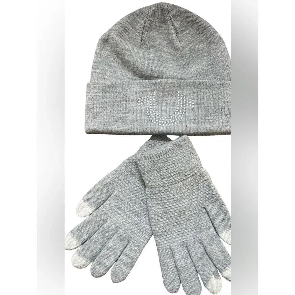 True Religion Gray Knit Beanie and matching gloves